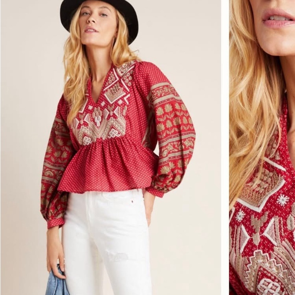 Anthropologie Red Peplum Embellished Blouse